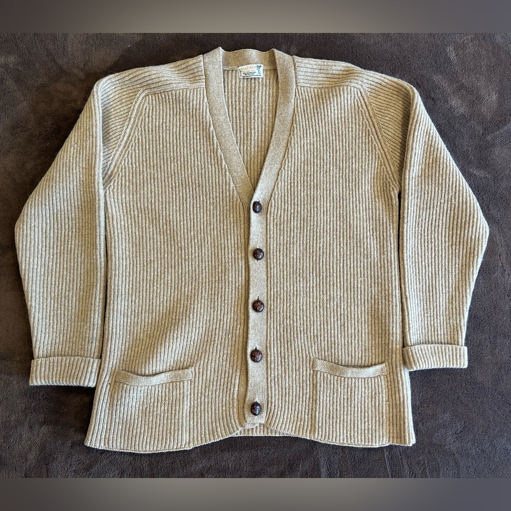 Men’s Large Beige Shetland Wool Braemar International Button-Up Cardigan
